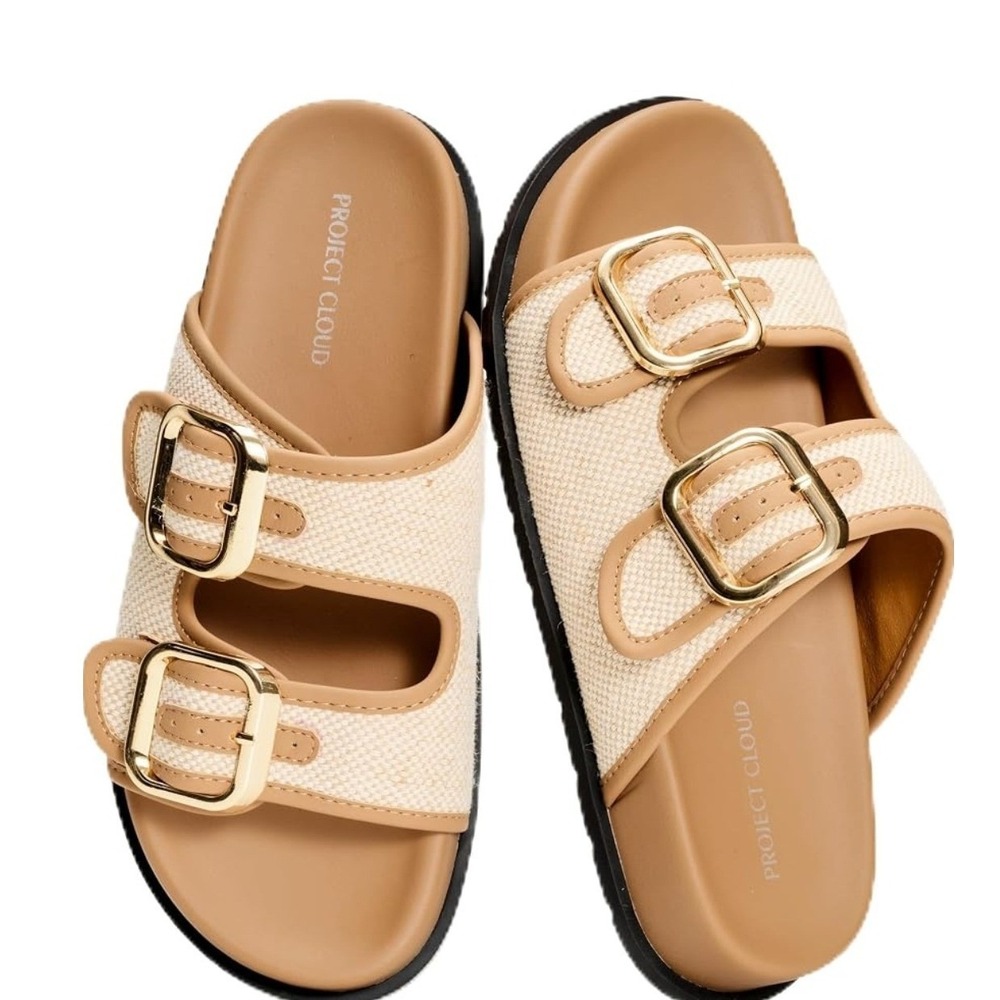 Project Cloud Sharla Sandals Women 6.5 Tan Buckle Slide Coastal Chic 219 NWOT
